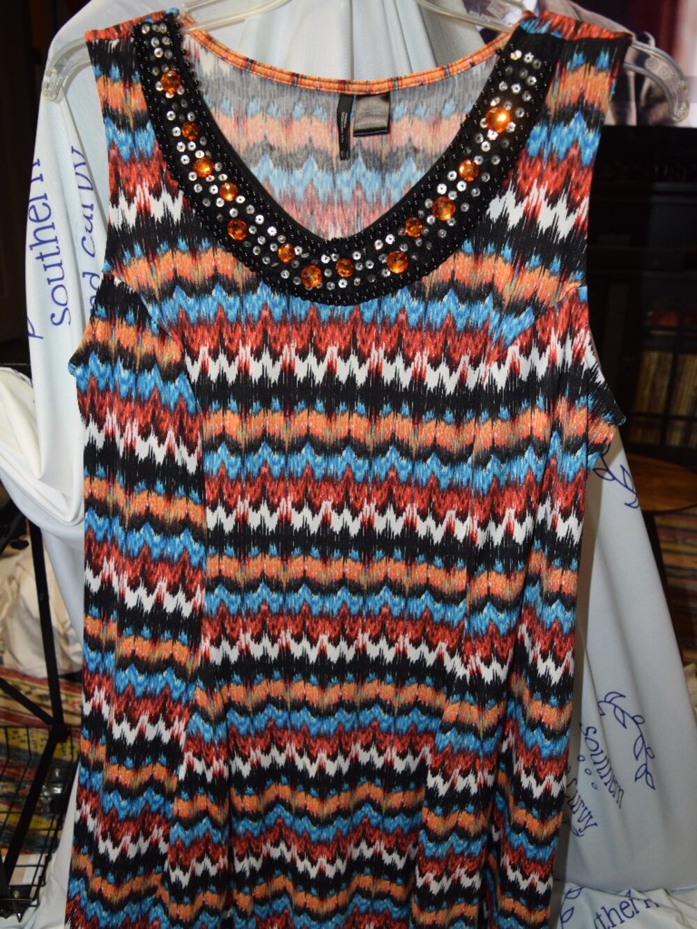 New Directions Tank Dress, Chevron Print, beaded accents, 1x